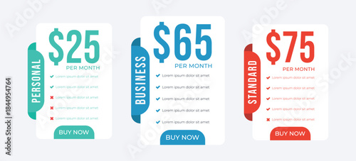 Pricing plans for websites. Colorful template tables.