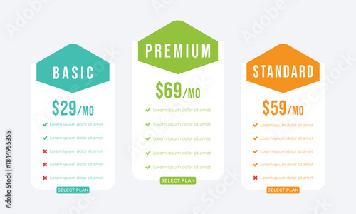 Pricing plans for websites. Colorful template tables. EPS10.