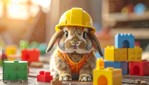 A fluffy bunny wearing a yellow construction hat and vest sits amidst colorful building blocks, bathed in warm sunlight