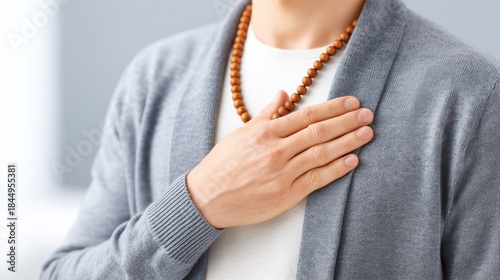 A person with a wooden bead necklace places their hand on their heart, conveying a sense of mindfulness or gratitude.