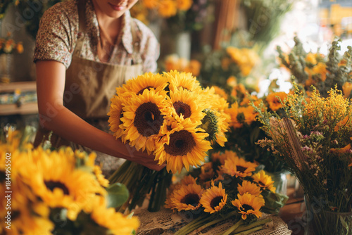 Arranging a beautiful bouquet of sunflowers.
