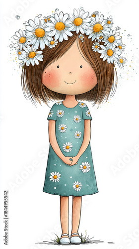 Cute cartoon illustration of a little girl wearing a daisy crown.