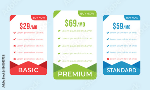Pricing plans for websites. Colorful template tables. EPS10.