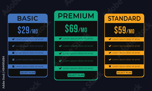 Pricing plans for websites. Colorful template tables. EPS10.
