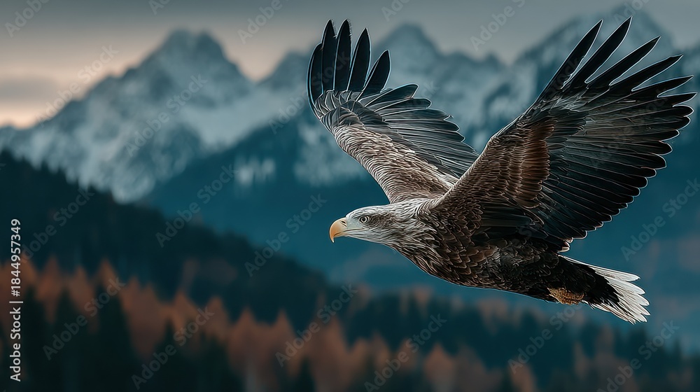 Fototapeta premium Majestic eagle soars above autumn forest and snowy mountains