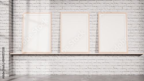 Three Frame Gallery Mockup on Shelf with White Brick Wall