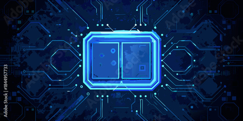 Abstract digital circuit board with a glowing central microchip design