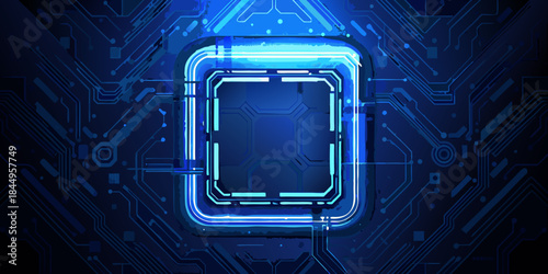 Abstract blue circuit board background with a glowing central square frame