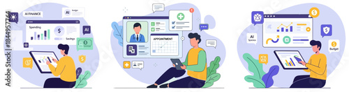 Illustrations of people working with digital dashboards and data analysis tools, managing business operations and online profiles.