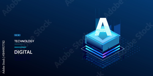 Abstract isometric design featuring a glowing letter a and digital technology elements