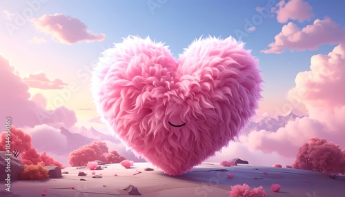 A fluffy, pink heart with a sweet smile floats above a soft landscape with pink trees and mountains under a pastel sky