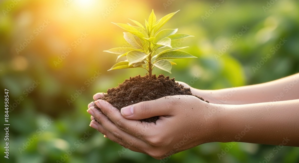 Fototapeta premium Hands holding a young plant in a field with sunlight shining through the leaves.