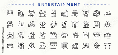 Entertainment icon set. Celebration ui icons set in a thin style. Minimal icons pack. Party icon collection. Editable stroke.