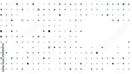 Geometric pattern with various sized blue gray and black shapes on white background