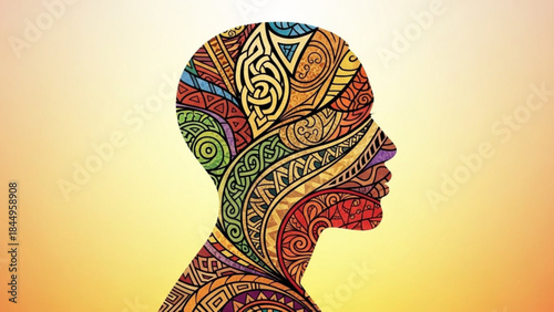 Vibrant colorful human head silhouette with intricate celtic inspired patterns and designs on a warm gradient background