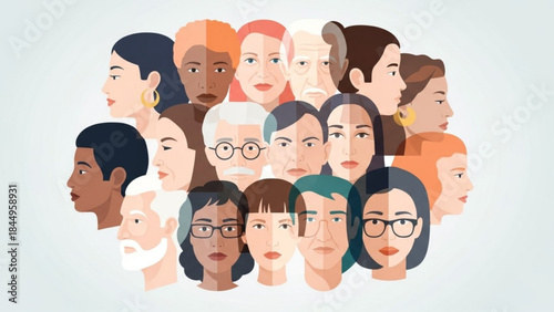 Diverse group of people with different ethnicities and ages, multicultural community faces, flat design illustration for unity and togetherness concepts