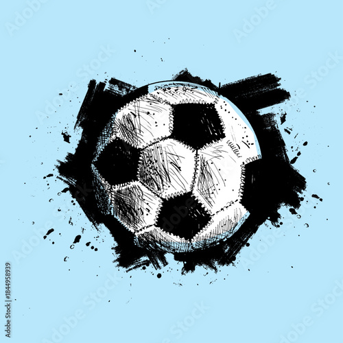 Grungy hand drawn soccer ball illustration exploding with black ink brush strokes against a light blue background perfect for sports graphic design projects