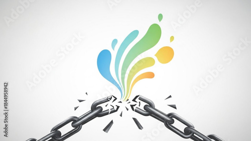 Broken chain with colorful splash on white background symbolizing freedom and creativity