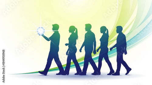 Business people walking in line with one leading holding glowing orb on yellow green background