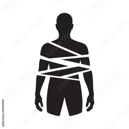 A silhouetted human figure appears fractured and bound by linear shapes conveying fragility