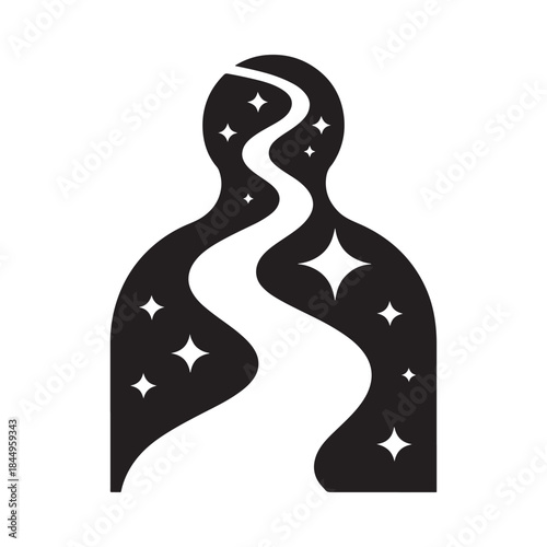 A black silhouette of a person filled with a winding river and sparkling stars