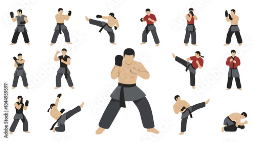Diverse Martial Arts Practitioners Performing Dynamic Techniques in a Training Session