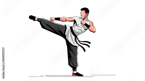 Dynamic martial artist performing high side kick in a modern training environment