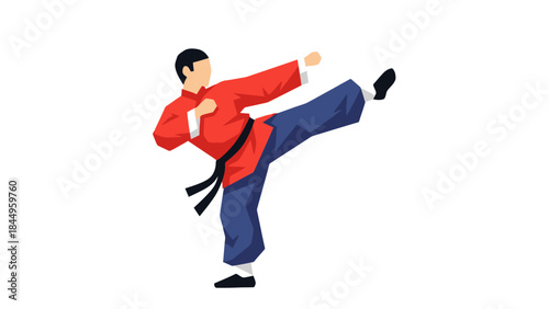 Dynamic martial arts kick with a confident male practitioner in uniform