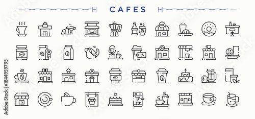 Cafe icon set. Web icons pack. Contain linear sign kitchen, cook, shop, cafes. Editable stroke collections. Coffee Shop icon set.