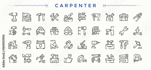 Carpenter Tools icon set. Vector icons collection. Includes thin line symbols tool, tools, repair, carpentry. Editable stroke. Vector collection. Wood Craft icon.