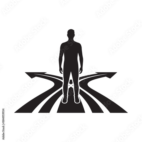 A silhouetted figure standing at a crossroads contemplating diverging paths and future decisions