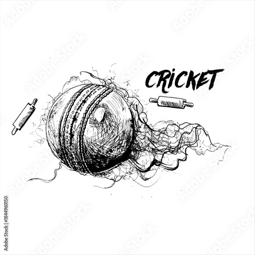 Dynamic black and white sketch illustration featuring a fast moving cricket ball with visible seam and accompanying wickets suggesting intense sport action and competitive energy