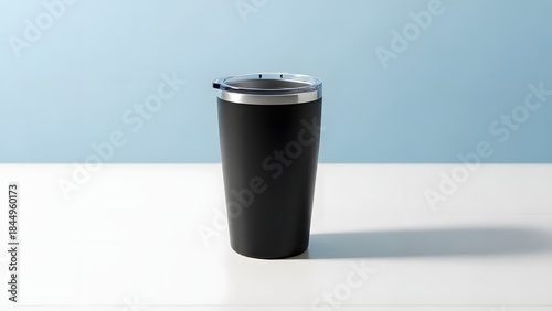 Black Travel Tumbler on Minimal Blue Background