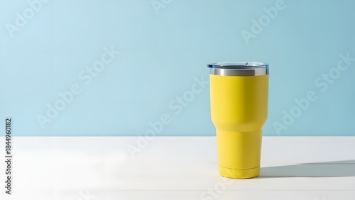 Yellow Travel Tumbler on Minimal Blue Background