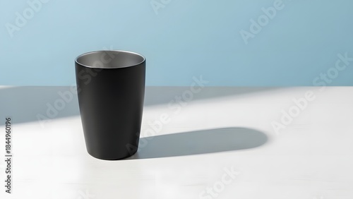 Minimal Black Tumbler Cup with Soft Shadow on Blue Background