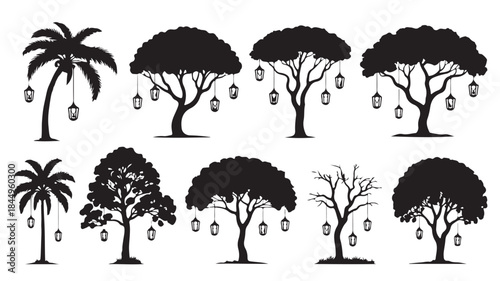 Decorative tree silhouettes with hanging lanterns in elegant black and white vector illustration for celebration invitations.