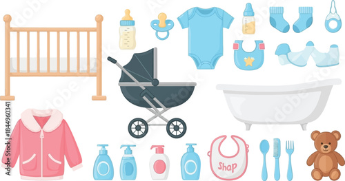 Essential collection of various baby items including a crib, stroller, clothes, care products, and toys.