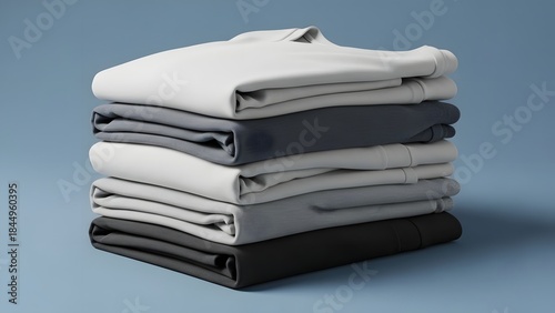 Stack of Folded Plain T-Shirts on Blue Background