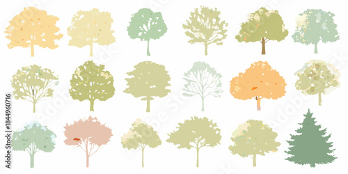A colorful collection of stylized trees in various shades and forms