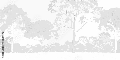Serene grayscale landscape featuring tall trees and a gentle rolling meadow