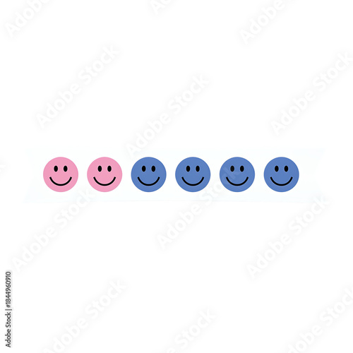 Two pink and four blue smiley faces on a ribbon