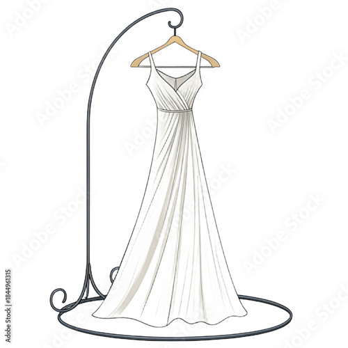 Elegant wedding dress hanging on a decorative stand, perfect for bridal boutiques, fashion designers, and event planners seeking high-quality visuals
