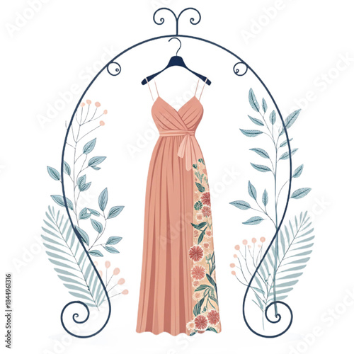 Elegant peach gown with floral accents hanging on a decorative rack, perfect for fashion blogs, wedding planning, or showcasing bridesmaid attire beautifully