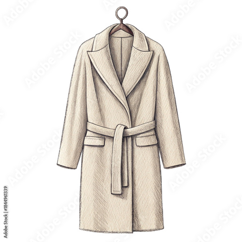 Elegant beige wool coat illustration, a timeless fashion piece for a chic winter wardrobe, perfect for style guides, apparel design projects, and seasonal marketing