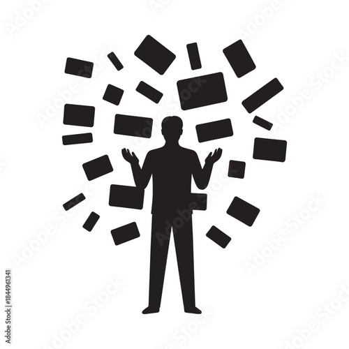 A silhouette of a person with outstretched arms amidst falling rectangular shapes