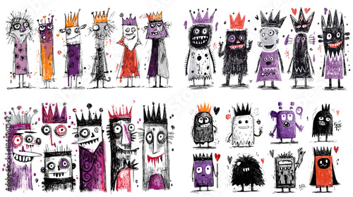 Playful monster character illustration set in bold watercolor style featuring quirky shapes and expressive faces ideal for kids design stickers games and creative storytelling.