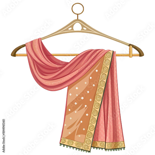 Elegant pink and gold saree draped on a hanger evokes rich Indian tradition and beauty perfect for fashion, culture, and festive designs with its intricate details