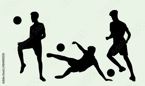 Collection of dynamic black silhouette illustrations depicting male soccer players performing various ball control actions
