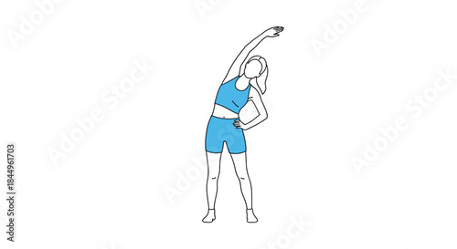 athlete wearing blue sportswear performs a side stretch with one arm overhead and the other hand resting on the hip against a plain white background.