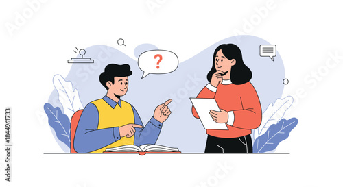 Student and tutor discuss concepts at a desk while one points to a notebook and the other holds a document expressing curiosity and seeking clear guidance.